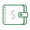 A green wallet with a dollar sign on it.